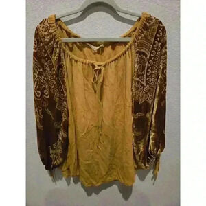 Soft Surroundings Women's L Brown Burnout Peasant Blouse 3/4 Sleeve Boho Whimsy